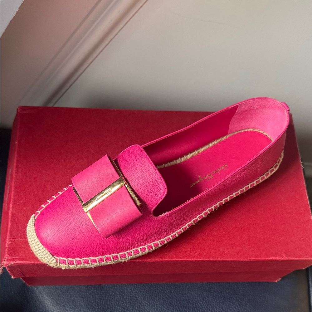 Salvatore Ferragamo Hot Pink Espadrille Loafer with Bow and Gold Accent